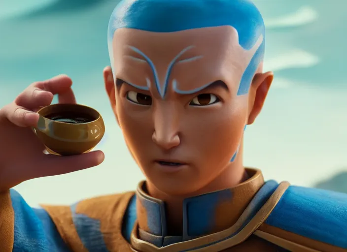 Prompt: real life avatar aang waterbending coffee out of his cup. highly detailed 8 k. intricate. lifelike. soft light. sony a 7 r iv 5 5 mm. cinematic post - processing