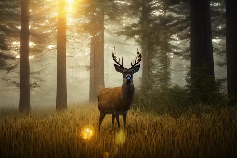 Image similar to a close up of the head of a deer with bright gold eyes in the foreground, background of a landscape misty forest scene, the sun glistening through the trees, hyper realistic photograph, octane render 8k, trending on artstation, unreal engine