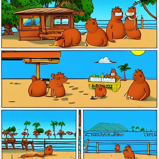 Image similar to capybaras having fun at the beach by bored ape yacht club and matt groening and bojack horseman