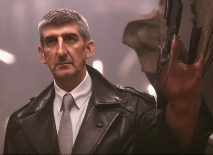 Prompt: film still andrej babis wearing leather coat as a detective in blade runner, 8 k