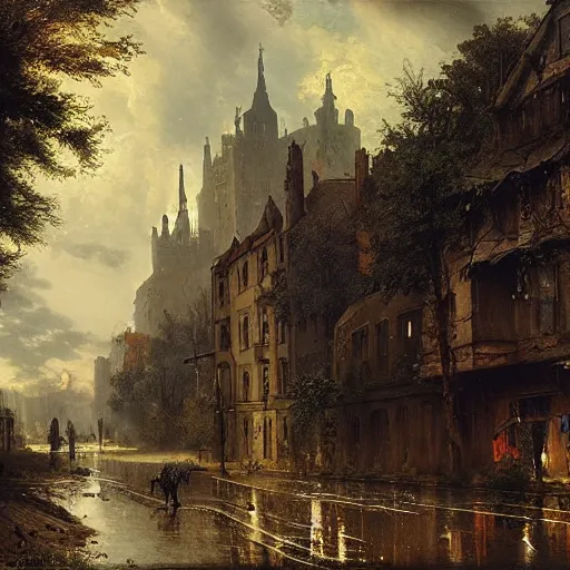 Image similar to post apocalyptic frankfurt city streets, overgrown, landscape, romanticism by andreas achenbach