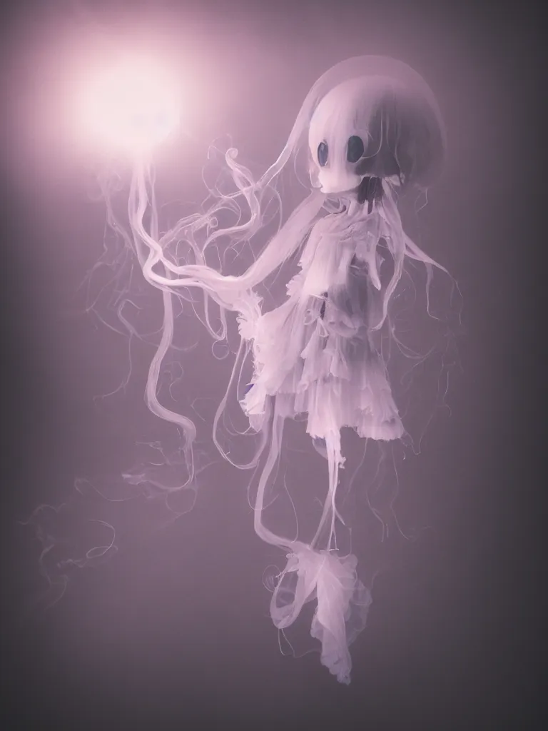 Prompt: cute fumo chibi plush beautiful ectoplasmic gothic skeletal jellyfish ghost girl, glowing milky wisps of hazy smoke and volumetric fog, lens flare, subsurface scattering, vignette, asymmetry, bokeh, refraction, vray