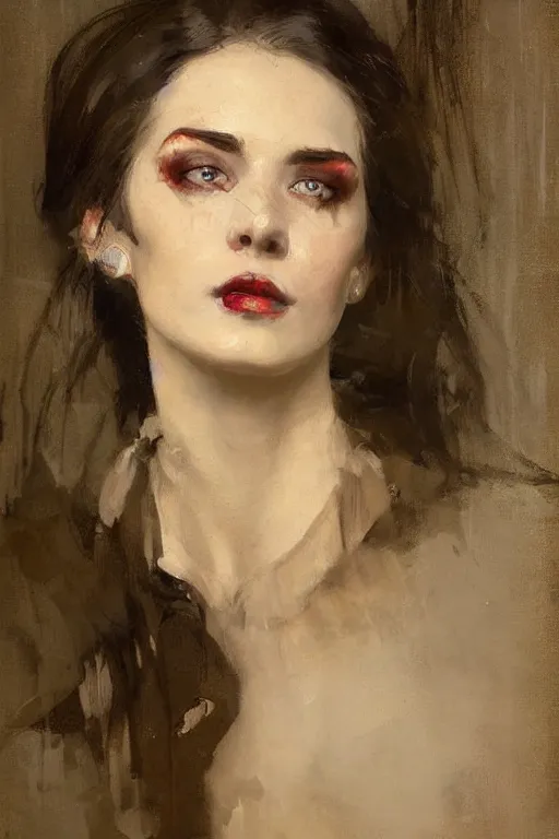 Prompt: Richard Schmid and Jeremy Lipking full length portrait painting of a young beautiful victorian steampunk vampire detective woman