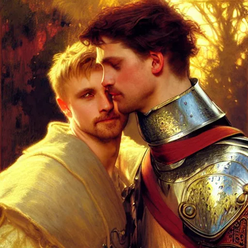 Image similar to attractive arthur pendragon and his attractive male knight, they are in love, natural lighting, path traced, highly detailed, high quality, digital painting, by gaston bussiere, craig mullins, alphonse mucha j. c. leyendecker