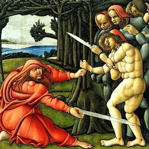 Prompt: Cain stabbing Abel with a spear in the style of Botticelli