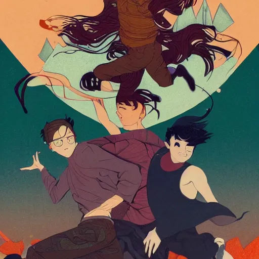 Image similar to a drawing of a young man with brown hair and a young muscular man with orange hair running frantically together, a poster by victo ngai and krenz cushart, pixiv contest winner, art nouveau, official art, wiccan. colorful. beautiful.