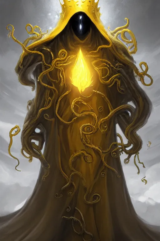 Image similar to A full body portrait of a mysterious character with no face with a very long hooded yellow cloak, a golden crown floating above his head tentacles coming out the ground art by James Paick, and Shaddy Safadi, ominous, cosmic horror, trending on artstation, Ultra detailed, hyper realistic 4k