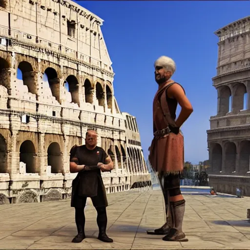 Image similar to man from the future bring ipad tablet to ancient rome and show the amazed people about the technology of the future. real, 4 k, cg, unreal engine