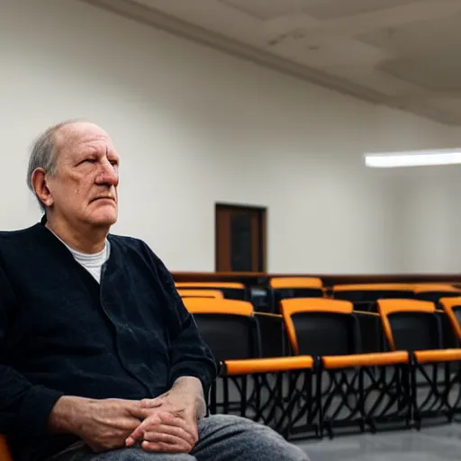 Image similar to wide angle portrait of werner herzog sitting alone in the waiting area of the dmv wearing a birthday hat. ultra wide angle, edward hopper, award winning, hyperrealistic, grand budapest hotel, studio lighting, very detailed face, chiaroscuro, film noir