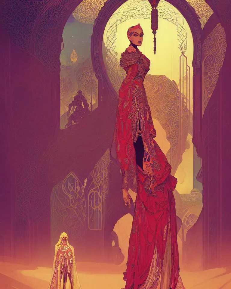 Prompt: portrait of an islamic empress combined with a surreal islamic style ornamental gate in the desert opening into an other dimension. by vincent di fate, james jean, dom qwek greg rutkowski alphonse mucha. ornament, intarsia, ambient lighting, atmospherical, photorealistic fantasy concept art, trending on art station, stunning visuals, creative, cinematic, ultra detailed