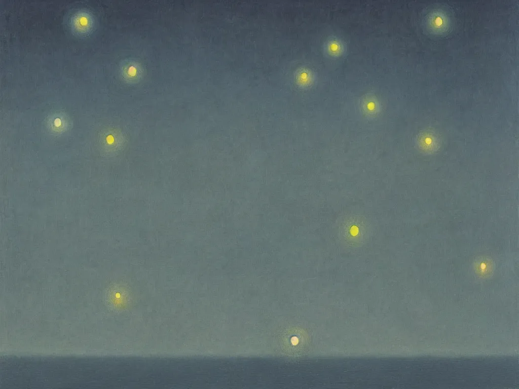 Image similar to bioluminescent spheres floating in row to infinity above the dark waters. painting by agnes pelton, max ernst, rene magritte, bosch.