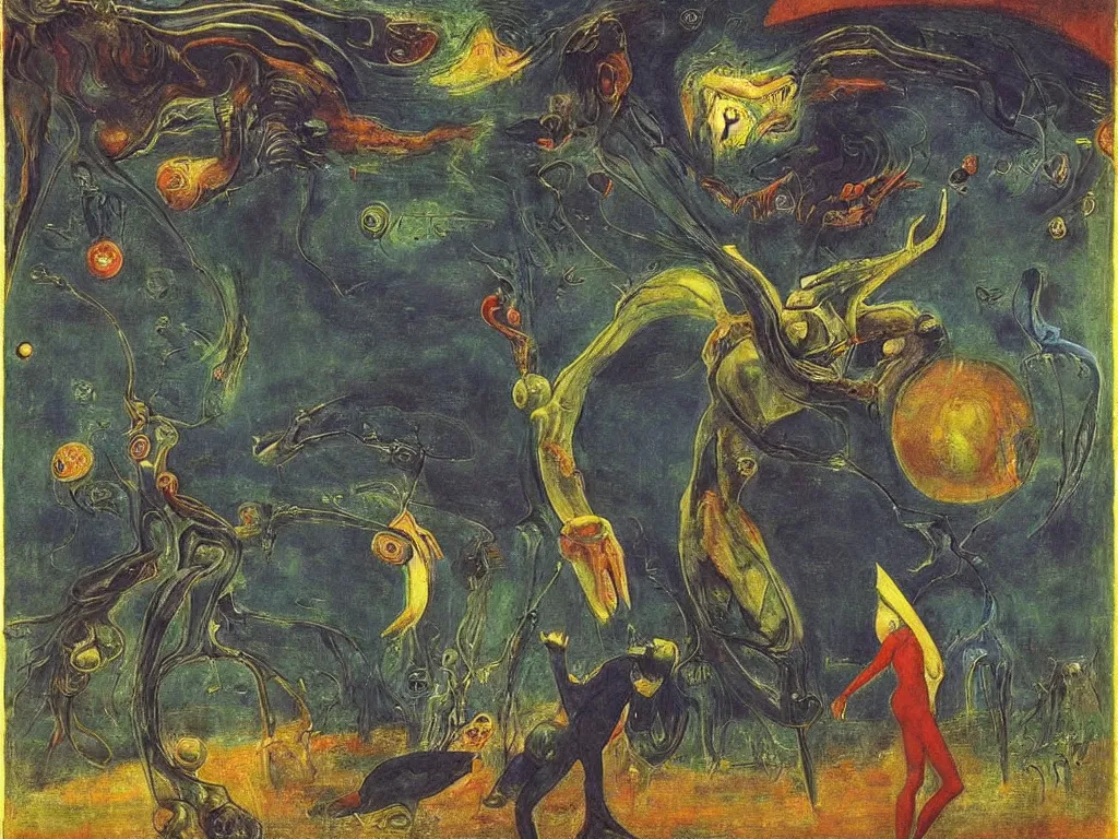 Image similar to cosmic pupil under torrential rain. valley of joy and despair. open manuscript of alchemic insect. painting by max ernst, moebius, arnold bocklin, william blake