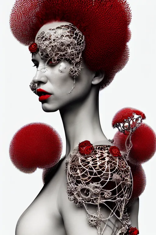 Image similar to complex 3 d render, hyper detailed ultrasharp beautiful biomechanical mandelbrot fractal steampunk filigree mesh wire female cyborg portrait with a porcelain profile face, albino afro, red lips, rim volumetric lights, elegant crown with hydrangea foliage leaves stems roots, alexander mcqueen haute couture, art nouveau fashion, hyperrealistic, octane render, 8 k