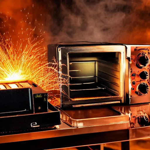 Image similar to toaster oven shangig by metallic cables, symmetry, dark messy smoke - filled cluttered workshop, dark, dramatic lighting, orange tint, sparks, cinematic, highly detailed, sci - fi, futuristic, movie still