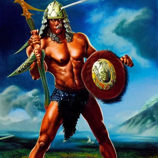 Prompt: wide angle portrait of Barak Obama as a barbarian warrior Boris Vallejo