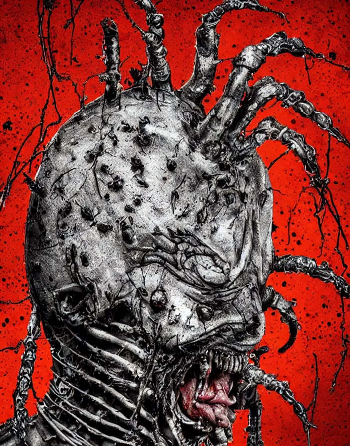 Image similar to very terrifying xenomorph female Pinhead from Hellraiser cenobite demon sticking out her tongue with a rusty nail driven through it, splattered with blood, portrait showing entire grotesque head with barbed wire embedded in her skin, full head center, neo-expressionistic, maximalist, horror monster masterpiece, trending on DeviantArt, 4K resolution, dark cinematic, hyperrealism, octane render, volumetric lighting, ultra-detailed, chiaroscuro, dark black background, in the style of Giger and Ralph Steadman and Da Vinci,