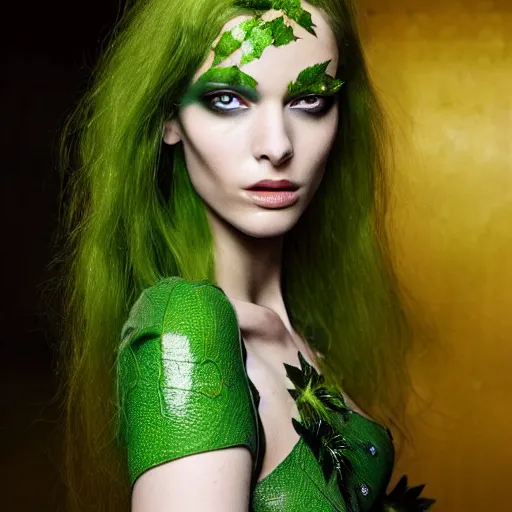 Prompt: A beautiful portrait of Daria Strokous as Poison Ivy from Batman as a Versace fashion model Spring/Summer 2010, highly detailed, in the style of cinematic, Getty images, Milan fashion week backstage, Makeup by Pat McGrath, Hair by Guido Palau, Greg rutkowski