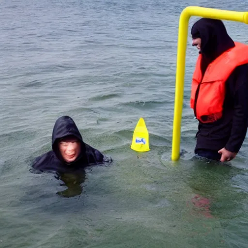 Image similar to guy with black hoodie is chained to a stop traffic sign pole under water. photo under the sea. trying to get free.