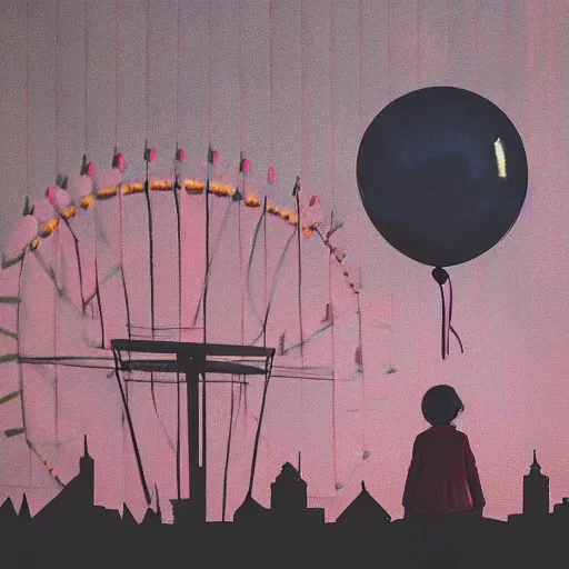 Image similar to a girl holding a balloon at a fairground. buildings with graffiti in the background. silhouette. night. photograph in the style of simon stalenhag