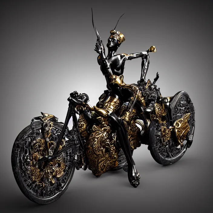 Image similar to fine art statue of black egyptian man on a surrealist motorbike, ebony art deco, carved black marble, inlaid with ebony and gold accents, ebony rococo, wings black lace wear, spider zero, zaha hadid, beautifully lit, hyper detailed, intricate, elite, ornate, photorealistic, micro details, 3 d sculpture, ray trace