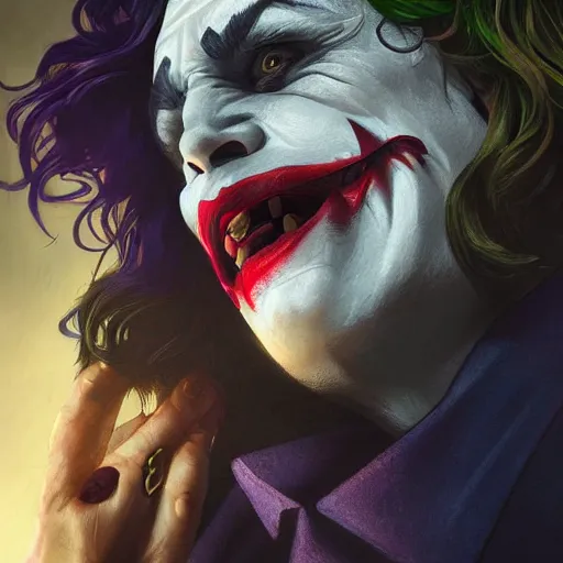 Image similar to [Rossi de Palma as the Joker, closeup, D&D, intricate, elegant, highly detailed, digital painting, artstation, concept art, matte, sharp focus, illustration, art by Artgerm and Greg Rutkowski and Alphonse Mucha]