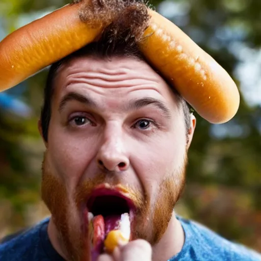 Prompt: man sticking a hot - dog into his ear