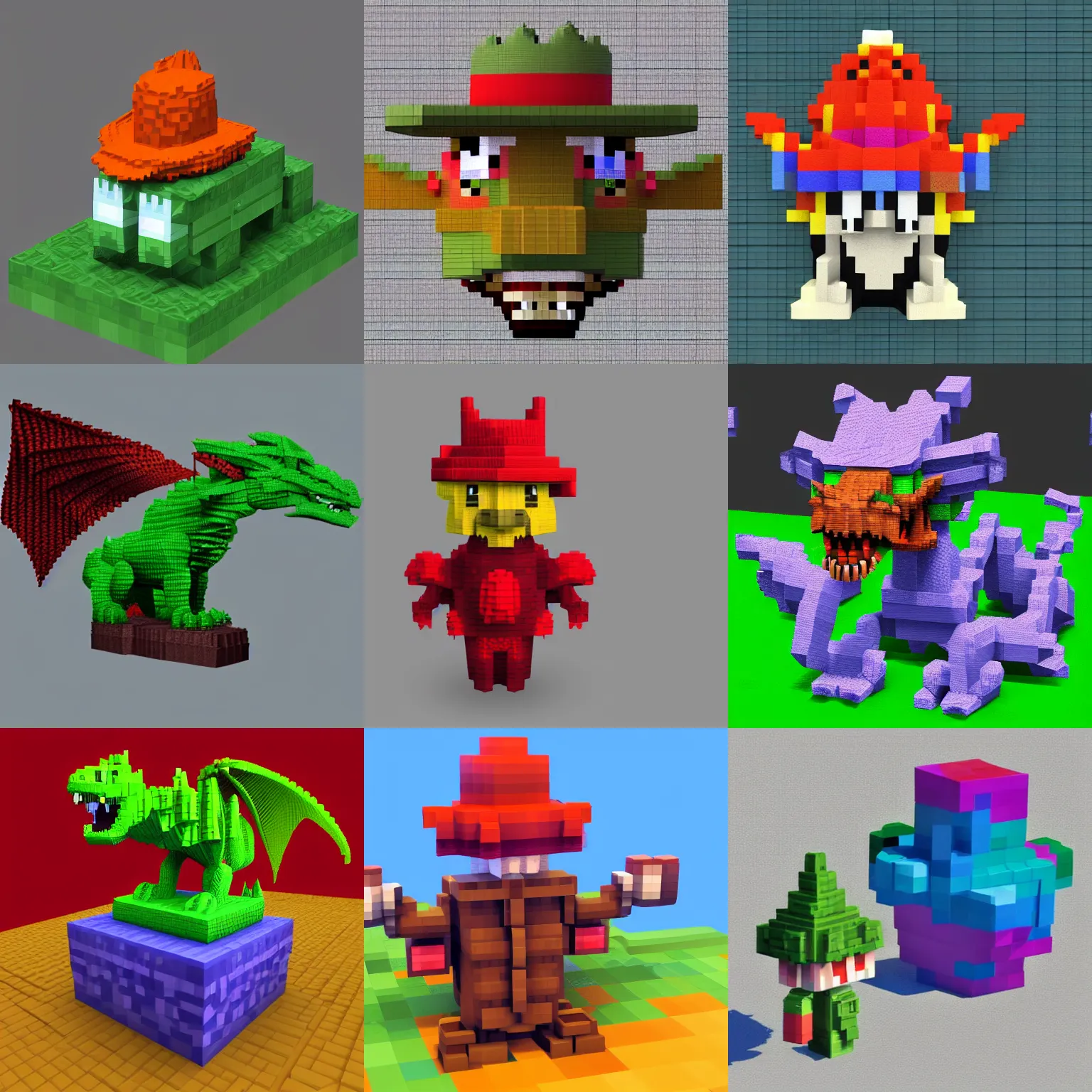 Prompt: A dragon with a hat, voxel art, in the style of Alvah Virals