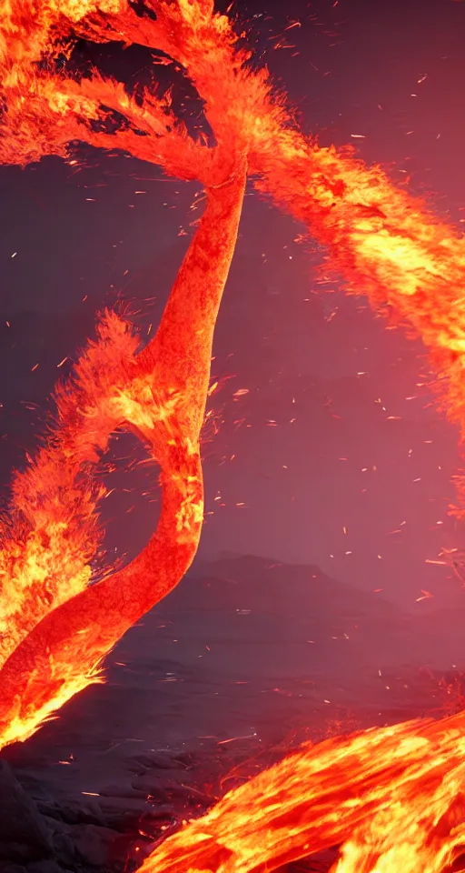 Image similar to a flamingo made out of fire, inferno, magma scarred landscape background, epic sense of scale, unreal engine 5, particle effects,