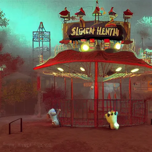 Prompt: amusement park at night, stuffed animals, game'silent hill'digital art