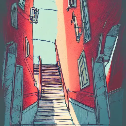 Prompt: wide shot of vibrant red cat walking down the stairs, smooth, cosy atmosphere, hyperdetailed, trending on deviantart, outdoor, daytime, long shadow, warm colors, artstation, concept art, sharp focus, illustration, masterpiece