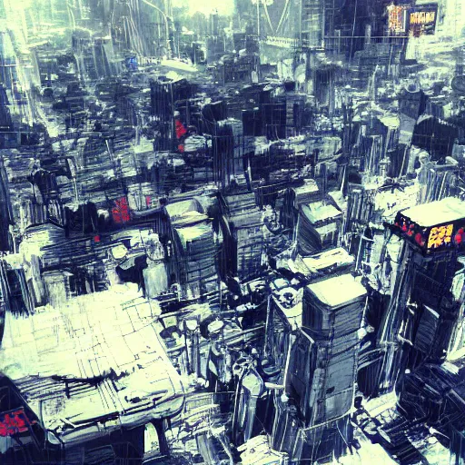 Image similar to concept art of tokyo city taken from drone by yoji shinkawa and ashley wood and j. m. w. turner, speed painting, photo bash, cinematic angle, super detailing