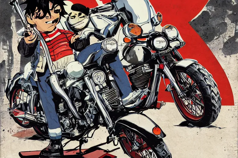 Image similar to pizza the hut, akira's motorcycle, gorillaz, poster, high quality