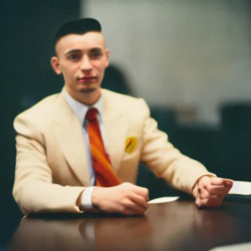 Prompt: A young man in a suit sits at a table , coat of arms of USSR in background, bokeh, cinestill, fine details