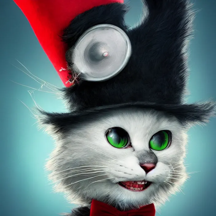 Prompt: complex 3 d render, hyper detailed, ultra sharp, christopher walken as cat in the hat, scary, cute, cinematic, head and shoulders, steampunk, natural soft light, rim light, octane render, artstation, art by artgerm and greg rutkowski and alberto seveso, dr seuss