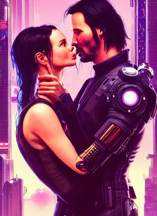 Image similar to a cyberpunk 2077 couple portrait of Keanu Reeves & female android final kiss in the night city,love,by Laurie Greasley,Lawrence Alma-Tadema,Dan Mumford,artstation,deviantart,FAN ART,Digital painting,face enhance,highly detailed,8K,octane,golden ratio,cinematic lighting