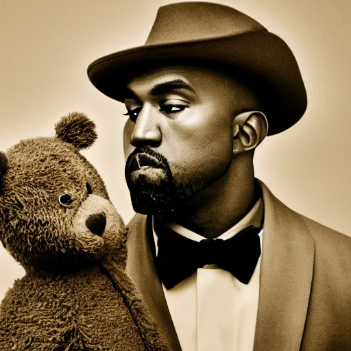 Image similar to Portrait studio photograph of Kanye West & an anthropomorphic teddy bear, close up, shallow depth of field, in the style of Felice Beato, Noir film still, 40mm