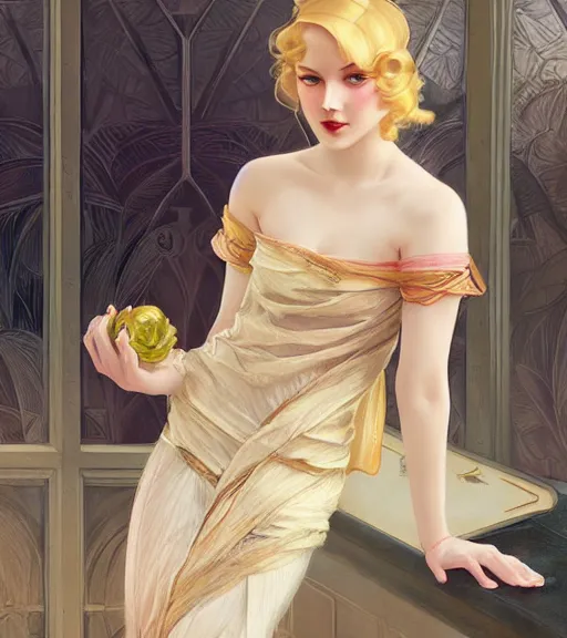 Image similar to Blonde girl in the roaring twenties wearing a dress, digital painting, smooth, elegant, hd, art by WLOP and Artgerm and Greg Rutkowski and Alphonse Mucha