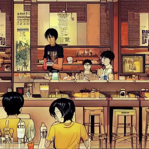 Image similar to a singaporean coffeeshop, by satoshi kon