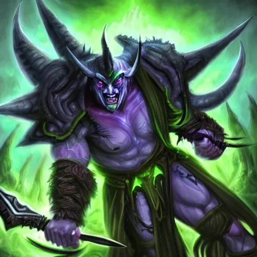 Prompt: illidan stormrage painting grandiose fantasy slaying demons