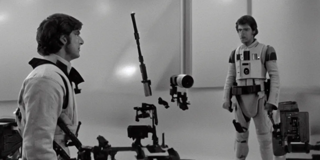 Image similar to a still from a film of a naval officer standing, back turned, in front of a large window with a live action Star Wars space battle, 35mm, directed by George Lucas, miniatures, ILM