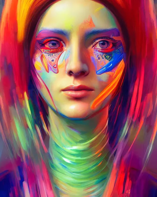 Image similar to colorful character portrait of a female hippie, set in the future 2 1 5 0 | highly detailed face | very intricate | symmetrical | cinematic lighting | award - winning | painted by mandy jurgens | pan futurism, dystopian, bold colors, cyberpunk, groovy vibe, anime aesthestic | featured on artstation