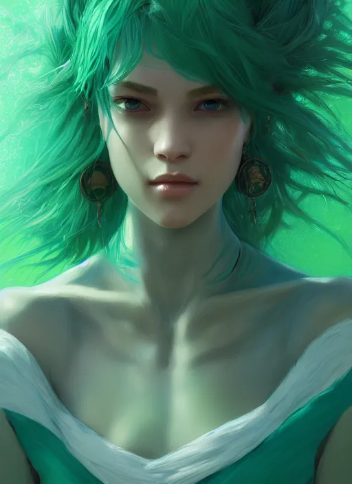Image similar to female green and teal venon, naturel, hyper detailed, digital art, trending in artstation, cinematic lighting, studio quality, smooth render, unreal engine 5 rendered, octane rendered, art style by klimt and nixeu and ian sprigger and wlop and krenz cushart