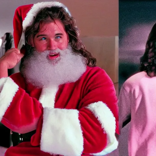 Image similar to Santa and Jesus 80s movie action battle, pink crying ice cream in the background