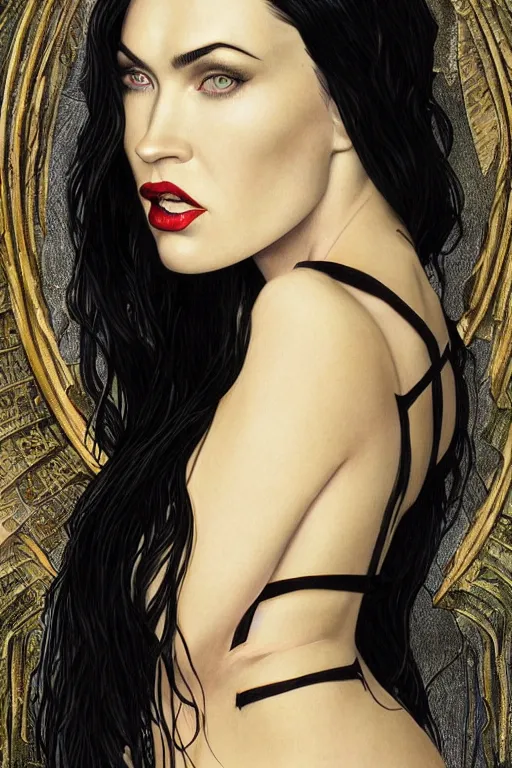 Image similar to ultra realistic illustration, a full body portrait of megan fox as morticia addams as death of the endless, the sandman, intricate, elegant, highly detailed, digital painting, artstation, concept art, smooth, sharp focus, illustration, art by artgerm and greg rutkowski and alphonse mucha