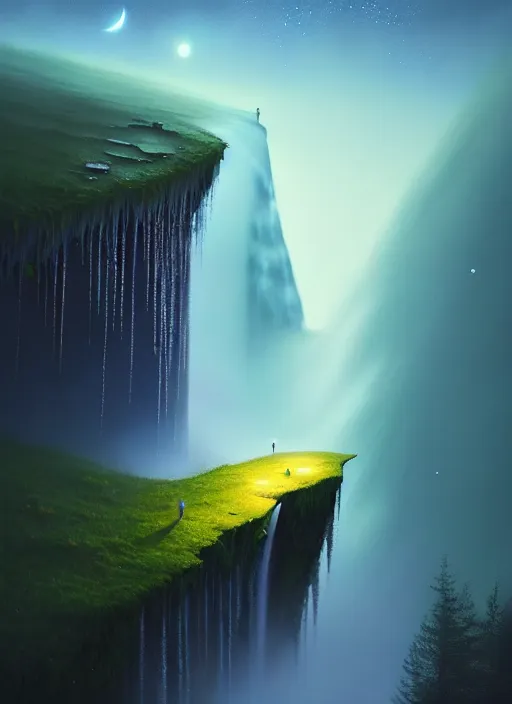 Image similar to Gediminas Pranckevicius a long capture photo of a magical waterfall, high cliff, night, stars in the sky cinematic lighting, insanely detailed, intricate, artstation, cgsociety, painted by Simon Stalenhag, concept art, illustration, sharp focus,