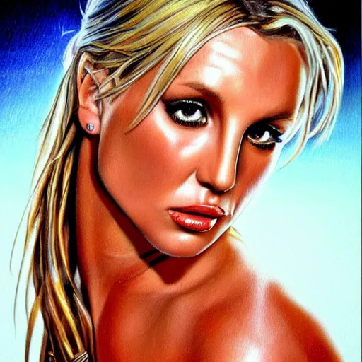 Prompt: detailed portrait of britney spears pencil art, intricate, hyper detailed, realistic, oil painting, by julie bell, frank frazetta, cinematic lighting