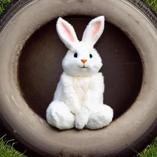 Prompt: a cute easter bunny sitting on a tire, studio photo, high quality