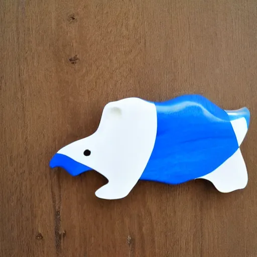 Image similar to expertly crafted etsy kids wooden hippopotamus expertly fused with blue epoxy. part of the hippo is made of blue epoxy. with a white photographers background.