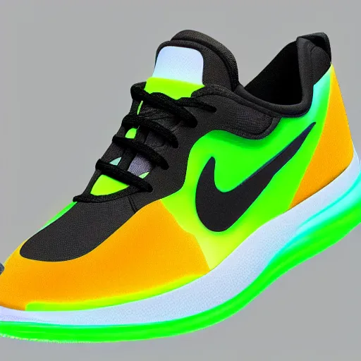 Prompt: Nike sneakers in a glass with neon colors, high resolution, 8k