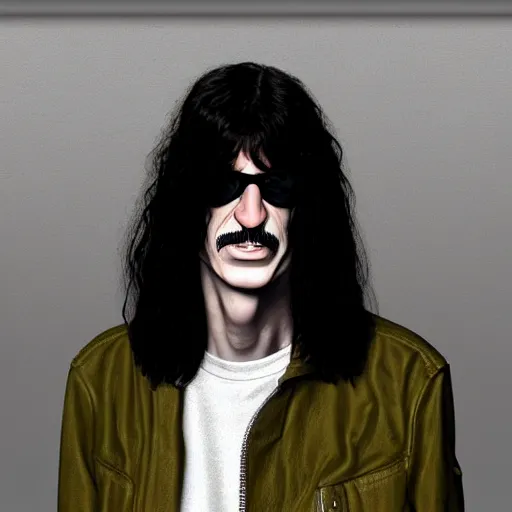 Prompt: The Lovechild of Joey Ramone and Frank Zappa, real life, hyperrealistic, ultra realistic, realistic, highly detailed, epic, HD quality, 8k resolution, body and headshot, front facing, front view, headshot and bodyshot, detailed face, very detailed face